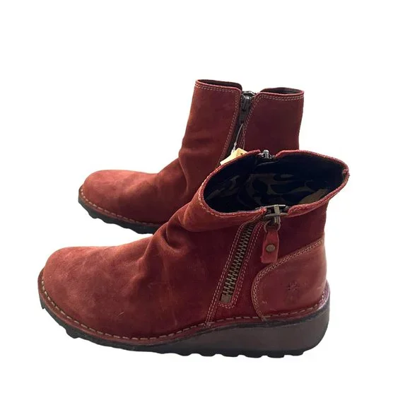 Fly London Womens Mong Ankle Boots size 37 Red Side Zip Suede NEW - Picture 6 of 8